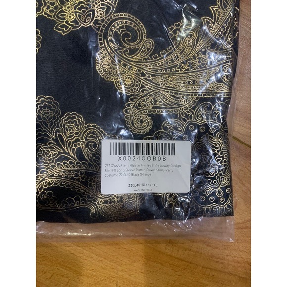 ZEROYAA Mens Extra Large Black Gold Paisley Print Button Down Slim Fit LS Dress - Picture 2 of 3